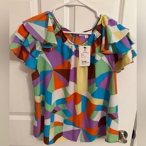 NWT Ces Femme Color Abstract Women’s Medium Short Sleeve Blouse.